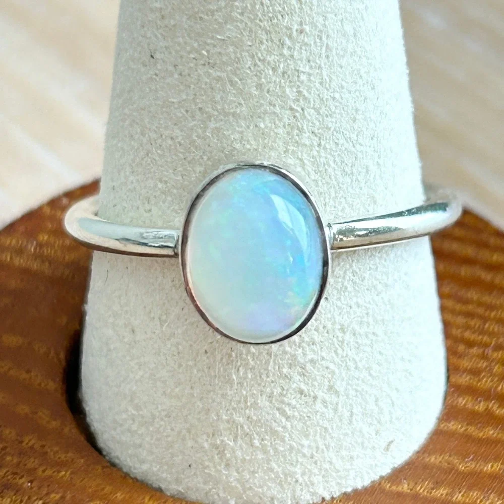 Sterling Silver 925 Oval Opal Ring Size 8.75 Stackable Minimalist Gemstone Band